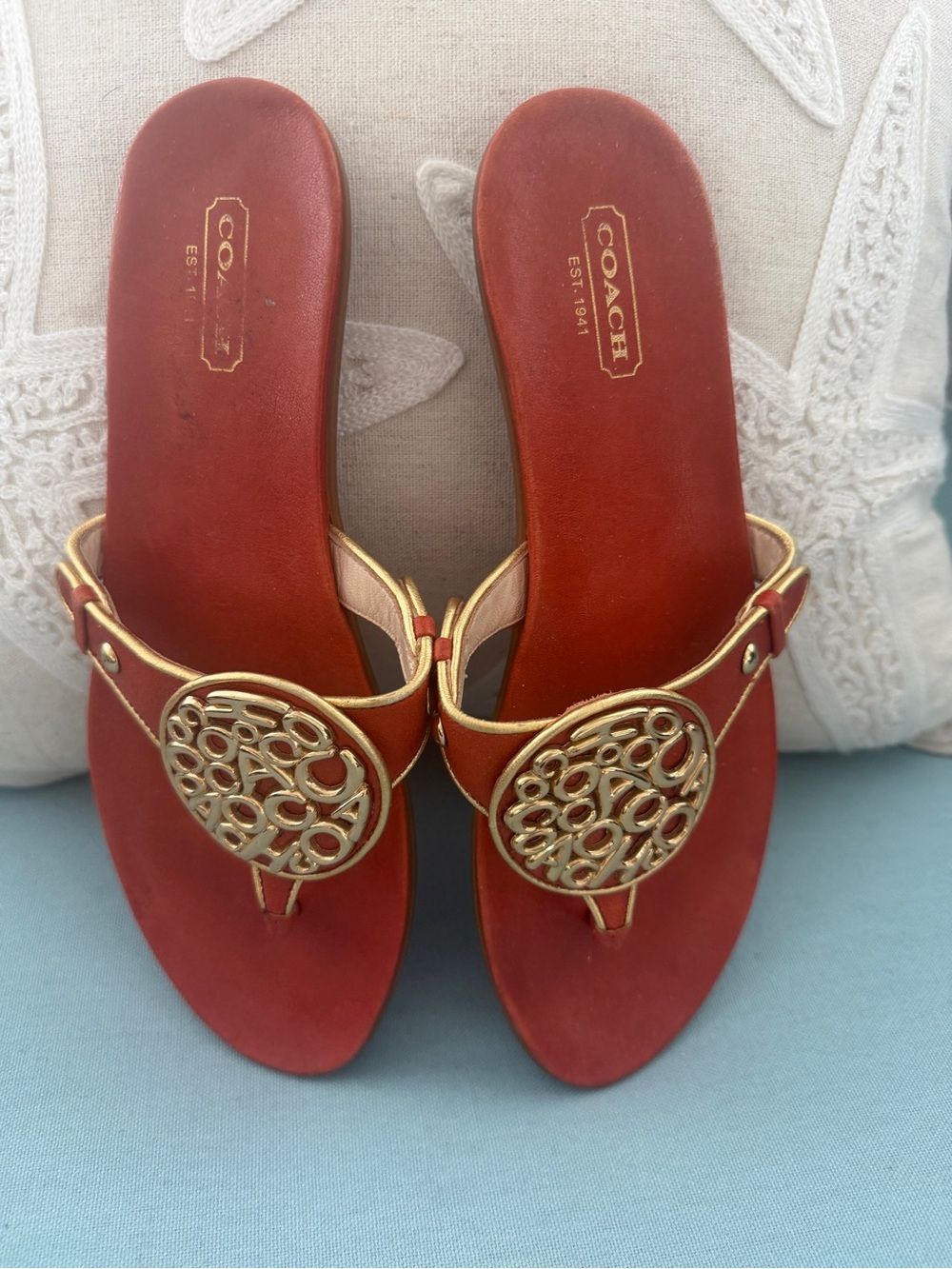 Coach orange rust jadie Leather Sandal with Gold Medallion 7